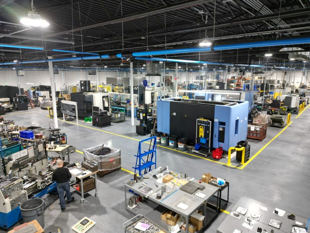A wide view of the modern San Diego machine shop floor